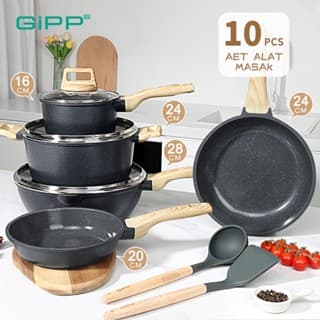 GiPP Peralatan Masak 1 Set Grey 10pcs Anti Lengket Cocok untuk semua kompor Bebas PFAS & PTFE & PFOA