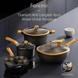 Fancino Set Peralatan Masak Titanium 4in1 - Wajan, Panci Sup 7L, Panci Susu & Wajan Sarapan, Paket Lengkap Dapur Keluarga & MPASI