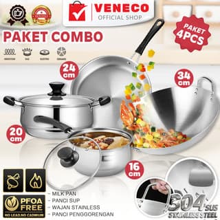 PANCI STAINLESS STEEL 4 Set Panci dan Wajan Stainless Steel / Wajan Stainless 34cm Panci Sup 22cm, Panci Mie 18cm, Wajan 26cm