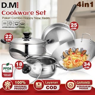 D.M PANCI STAINLESS STEEL 4 Set Panci dan Wajan Stainless Steel / Wajan Stainless 34cm Panci Sup 22cm, Panci Mie 18cm, Wajan 26cm