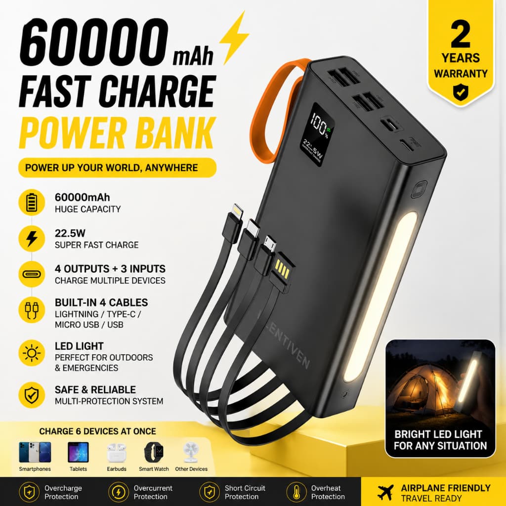 PUNING LENTIVEN PowerBank 60000mAh 4 USB Fast Charging