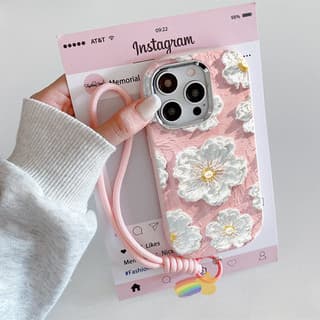 iPhone 15 Minyak merah muda melukis bunga dengan tali tangan Casing ponsel cocok untuk iPhone 11 11PROMAXSoftcase Macaron 12 13 14 15 PRO PROMAX Casing ponsel kartun 7PLUS XR XSMAX TPU Soft Transparan Phone Cover Casing 00020